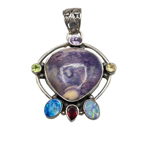Multi Stone Pendant Sterling Silver 925 Purple Stone Opal and Garnet Handmade - Picture 1 of 6